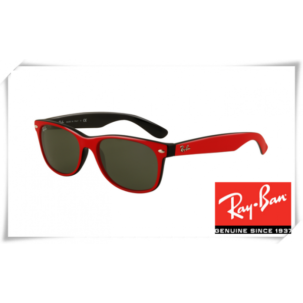 Ray Ban RB 2132 New Wayfarer Sunglasses Top Red Black Frame Deep Green Lens