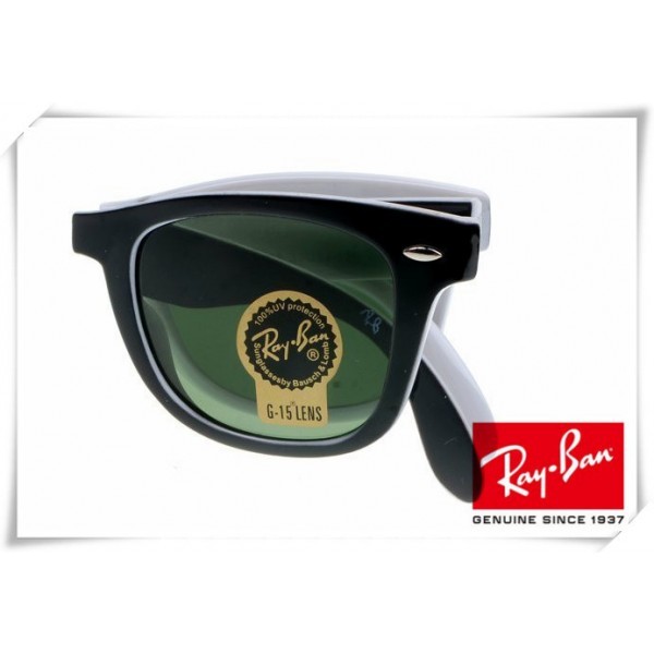 Ray Ban RB4105 Folding Wayfarer Sunglasses Black White Frame Green Lens