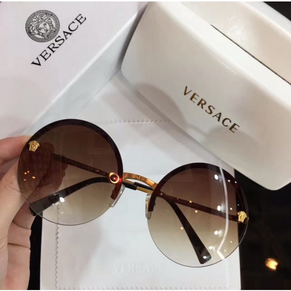 Versace 2176 Retro Round Frame Sunglasses Brown