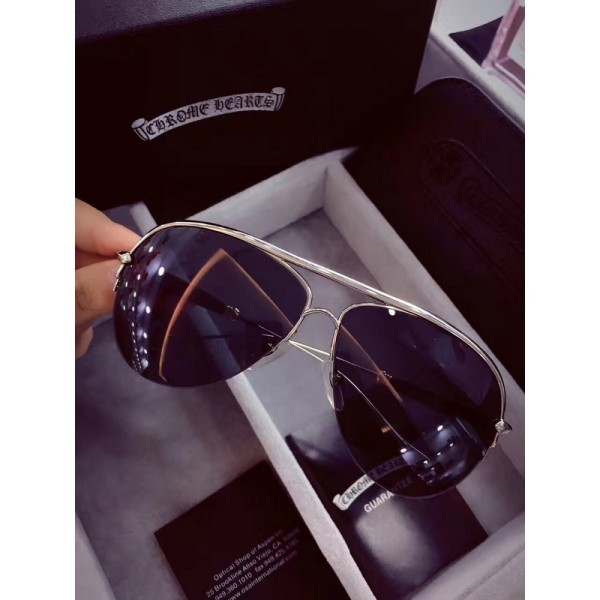 Chrome Hearts Fashion Aviator Glasses Black Lenses Silver Frame White Legs
