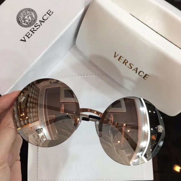 Versace 2176 Retro Round Frame Sunglasses Shiny Silver