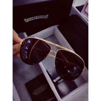 Chrome Hearts Fashion Aviator Glasses Brown Lenses Gold Frame Black Legs
