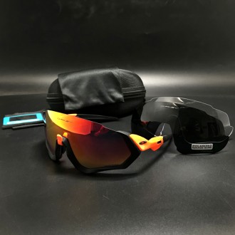 Oakley Flight Jacket Sunglasses Black with Red + Gray and Clear Lens (free)