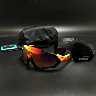 Oakley Flight Jacket Sunglasses Blue with Orange/Ruby Iridium  + Gray and Clear Lens (free)